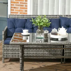Outsunny 7-Seater Patio wicker Sofa Set Rattan Chair Furniture w/ Glass & Cushioned, Dark Blue - 9