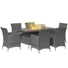 Outsunny 7 Pieces Outdoor Rattan Garden Furniture with Fire Pit Table, 6 Seater Garden Table and Chairs with Cushions, Rattan Dining Set with Propane Heater Table, Windscreen, 50,000 BTU, Grey - 1