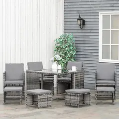 Outsunny 8-Seater Rattan Furniture Set Wicker Weave Patio Dining Table Seat - 1
