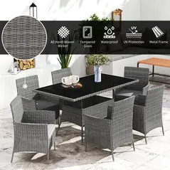 Outsunny 7-Piece Rattan Garden Furniture Set with Cushions, 6 Seater Garden Table and Chairs, Rattan Dining Set with 6 Armchairs, Rectangular Glass Top Table, Charcoal Grey - 4