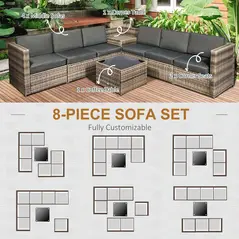 Outsunny 8 Pieces Outdoor PE Rattan Sofa Set with Cushions, Patio Garden Furniture Sets with Glass Top Coffee Table, Storage Corner Table, Mixed Brown - 6