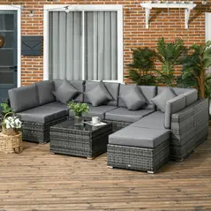 Outsunny 8 Pieces PE Rattan Corner Sofa Set, Outdoor Garden Furniture Set, Patio Wicker Sofa Seater w/ Cushion, Washable Cushion Cover & Tempered Glass Table, Grey - 2