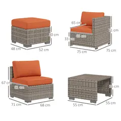 Outsunny Eight-Piece Rattan Garden Set, with Contrast Cushions - Orange/Grey - 3
