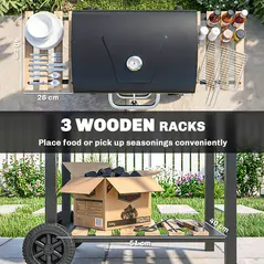 Outsunny Charcoal BBQ Grill with Height Adjustable Charcoal Pan, Barbecue Smoker with Warming Rack, 3 Shelves, Temperature Gauge, Wheels, Bottle Opener for Outdoor Cooking Garden Party - 7
