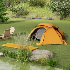 Outsunny Camping Tent with Self Inflatable Mattress, 1 Person Dome Tent with Removable Rainfly and Aluminium Frame, 2000mm Waterproof, Portable with Bags, for Fishing Hiking, Orange/Khaki - 2