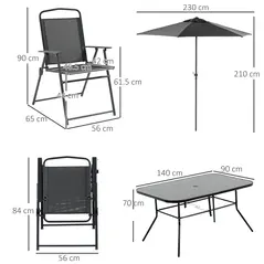 Outsunny Eight-Piece Garden Dining Set, with Chairs, Table and Parasol - Black - 3