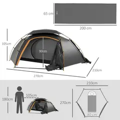 Outsunny Camping Tent with Self Inflatable Mattress, 1 Person Dome Tent with Removable Rainfly and Aluminium Frame, 2000mm Waterproof, Portable with Bags, for Fishing Hiking, Dark Grey/Grey - 3