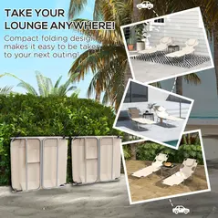 Outsunny Foldable Sun Lounger Set of 2, Beach Chaise Lounges with Reading Hole, Arm Slots, 5-Position Adjustable Backrest, Side Pocket, Pillow for Patio, Garden, Beach, Pool, Beige - 6