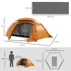 Outsunny Camping Tent with Self Inflatable Mattress, 1 Person Dome Tent with Removable Rainfly and Aluminium Frame, 2000mm Waterproof, Portable with Bags, for Fishing Hiking, Orange/Grey - 3
