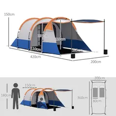 Outsunny Camping Tent, Large Tunnel Tent with Bedroom and Living Area, 2000mm Waterproof, Portable with Bag for 2-3 Man, Orange - 3