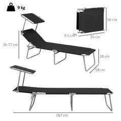 Outsunny Foldable Sun Lounger Set of 2 with Sun Shade & Adjustable Backrest - Black - 3