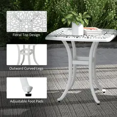 Outsunny Cast Aluminium Bistro Table, Outdoor Square Side Table with Umbrella Hole, Garden Table for Balcony, White - 6