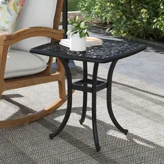 Outsunny Cast Aluminium Bistro Table, Outdoor Square Side Table with Umbrella Hole, Garden Table for Balcony, Black - 2