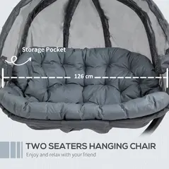 Outsunny Double Hanging Egg Chair 2 Seaters Texteline Swing Hammock Chair with Stand, Cushion and Folding Design, for Indoor and Outdoor, Grey - 8
