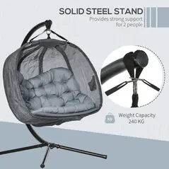 Outsunny Double Hanging Egg Chair 2 Seaters Texteline Swing Hammock Chair with Stand, Cushion and Folding Design, for Indoor and Outdoor, Grey - 7