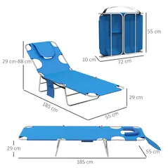 Outsunny Foldable Sun Lounger Set of 2 with Reading Hole, Portable Sun Lounger with 5 Level Adjustable Backrest, Reclining Lounge Chair with Side Pocket, Headrest Pillow, Blue - 3