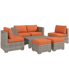 Outsunny Eight-Piece Rattan Garden Set, with Contrast Cushions - Orange/Grey - 1
