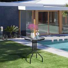 Outsunny Bistro Coffee Table Outdoor Tempered Glass Top Table Garden Round Dining Table - 60cm Diameter - 7