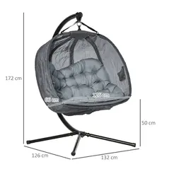 Outsunny Double Hanging Egg Chair 2 Seaters Texteline Swing Hammock Chair with Stand, Cushion and Folding Design, for Indoor and Outdoor, Grey - 3