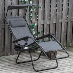 Outsunny Foldable Reclining Garden Chair with Headrest, Zero Gravity Deck Sun Lounger Seat Chair with Footrest, Armrest, Cup Holder & Canopy Shade, Light Grey - 2