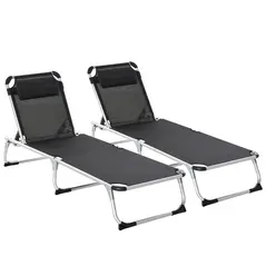 Outsunny Foldable Outdoor Sun Loungers Set of 2, Reclining Lounge Chair Camping Bed Cot with Pillow 4-Level Adjustable Back Aluminium Frame, Black - 1