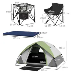 Outsunny Camping Tent with Inflatable Mattress and Camping Table&Chair, 2-3 Person Dome Tent with Sewn-in Groundsheet, Portable 3000mm Waterproof Tent with Carry Bag and Hook, for Fishing Hiking - 3
