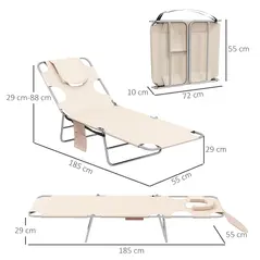 Outsunny Foldable Sun Lounger Set of 2, Beach Chaise Lounges with Reading Hole, Arm Slots, 5-Position Adjustable Backrest, Side Pocket, Pillow for Patio, Garden, Beach, Pool, Beige - 3