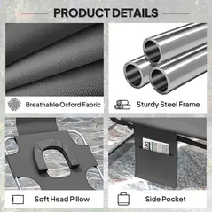 Outsunny Foldable Sun Lounger Set of 2, Beach Chaise Lounge with Reading Hole, Arm Slots, 5-Position Adjustable Backrest, Side Pocket, Pillow for Garden, Beach, Pool, Dark Grey - 6