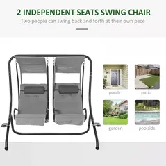 Outsunny Canopy Swing 2 Separate Relax Chairs w/ Handrails and Removable Canopy Grey - 4