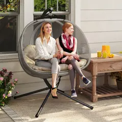 Outsunny Double Hanging Egg Chair 2 Seaters Texteline Swing Hammock Chair with Stand, Cushion and Folding Design, for Indoor and Outdoor, Brown - 2