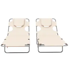 Outsunny Foldable Sun Lounger Set of 2, Beach Chaise Lounges with Reading Hole, Arm Slots, 5-Position Adjustable Backrest, Side Pocket, Pillow for Patio, Garden, Beach, Pool, Beige - 8
