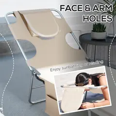 Outsunny Foldable Sun Lounger Set of 2, Beach Chaise Lounges with Reading Hole, Arm Slots, 5-Position Adjustable Backrest, Side Pocket, Pillow for Patio, Garden, Beach, Pool, Beige - 5