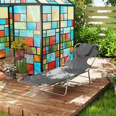 Outsunny Foldable Sun Lounger Set of 2, Beach Chaise Lounge with Reading Hole, Arm Slots, 5-Position Adjustable Backrest, Side Pocket, Pillow for Garden, Beach, Pool, Dark Grey - 8