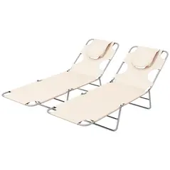 Outsunny Foldable Sun Lounger Set of 2, Beach Chaise Lounges with Reading Hole, Arm Slots, 5-Position Adjustable Backrest, Side Pocket, Pillow for Patio, Garden, Beach, Pool, Beige - 1
