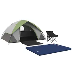Outsunny Camping Tent with Inflatable Mattress and Camping Chair, 2-3 Person Dome Tent with Sewn-in Groundsheet, Portable 3000mm Waterproof Tent with Carry Bag and Hook, for Fishing Hiking - 1