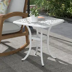 Outsunny Cast Aluminium Bistro Table, Outdoor Square Side Table with Umbrella Hole, Garden Table for Balcony, White - 2