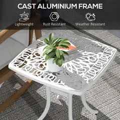 Outsunny Cast Aluminium Bistro Table, Outdoor Square Side Table with Umbrella Hole, Garden Table for Balcony, White - 5