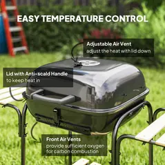 Outsunny Charcoal Barbecue Grill Portable BBQ Grill with 1840 cm² Cooking Area, 3 Shelves, Adjustable Vent, Lockable Lid, Wheels for Outdoor Cooking, Garden Party, Black - 5