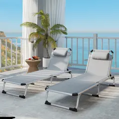 Outsunny Foldable Outdoor Sun Lounger Set of 2, Reclining Lounge Chair Camping Bed Cot with Pillow 4-Level Adjustable Back Aluminium Frame, Light Grey - 7