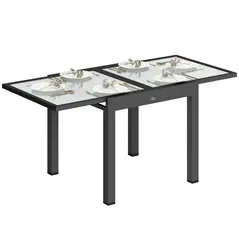Outsunny Extending Garden Table, Outdoor Dining Table with Aluminium Frame and Tempered Glass Tabletop, 80/160 x 80 x 75 cm, Black and Clear - 1