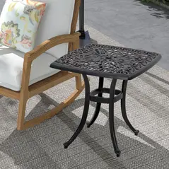 Outsunny Cast Aluminium Bistro Table, Outdoor Square Side Table with Umbrella Hole, Garden Table for Balcony, Bronze Tone - 2