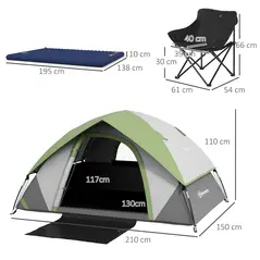 Outsunny Camping Tent with Inflatable Mattress and Camping Chair, 2-3 Person Dome Tent with Sewn-in Groundsheet, Portable 3000mm Waterproof Tent with Carry Bag and Hook, for Fishing Hiking - 3