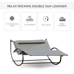 Outsunny Double Sun Lounger, Rocking Lounger Sunbed Daybed with Armrest and Headrest Pillow, for Two, For Outdoor Patio Garden, Grey - 6