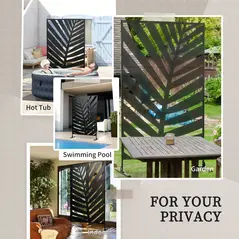 Outsunny Decorative Privacy Screen with Stand, 6.5FT Freestanding Metal Outdoor Divider, Decorative Privacy Panel with Expansion Screws for Garden Patio Pool Hot Tub, Banana Leaf Style, Black - 6