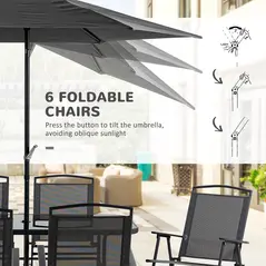 Outsunny Eight-Piece Garden Dining Set, with Chairs, Table and Parasol - Black - 6