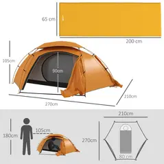 Outsunny Camping Tent with Self Inflatable Mattress, 1 Person Dome Tent with Removable Rainfly and Aluminium Frame, 2000mm Waterproof, Portable with Bags, for Fishing Hiking, Orange/Khaki - 3