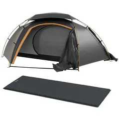 Outsunny Camping Tent with Self Inflatable Mattress, 1 Person Dome Tent with Removable Rainfly and Aluminium Frame, 2000mm Waterproof, Portable with Bags, for Fishing Hiking, Dark Grey/Grey - 1