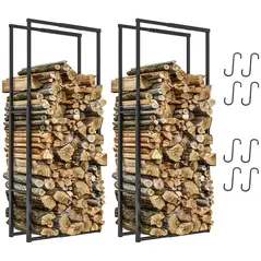 Outsunny Firewood Log Rack Set of 2, Retractable Metal Wood Store Holder, Indoor Outdoor Fireplace Log Storage Shelf with Hooks, 65 x 25 x 150 cm, Black - 1