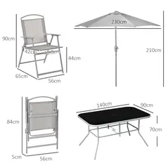 Outsunny Eight-Piece Garden Dining Set, with Chairs, Table and Parasol - Grey - 3