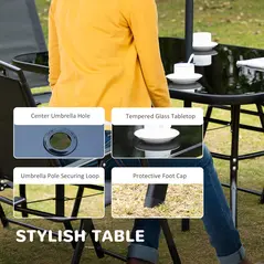 Outsunny Eight-Piece Garden Dining Set, with Chairs, Table and Parasol - Black - 4